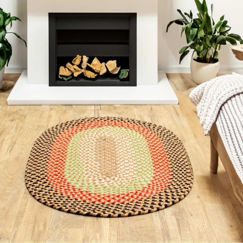 Farmhouse Braided Cotton Earthtone Area Rug, Oval 2' x 3'