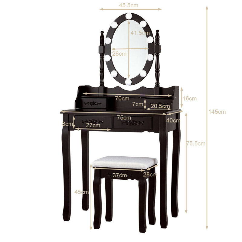 Ensemble coiffeuse en bois massif avec tabouret et miroir, Brun