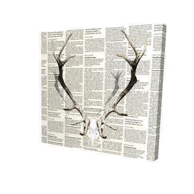 Deer Horns on Newspaper Canvas - Rustic Animal Bedroom Decor