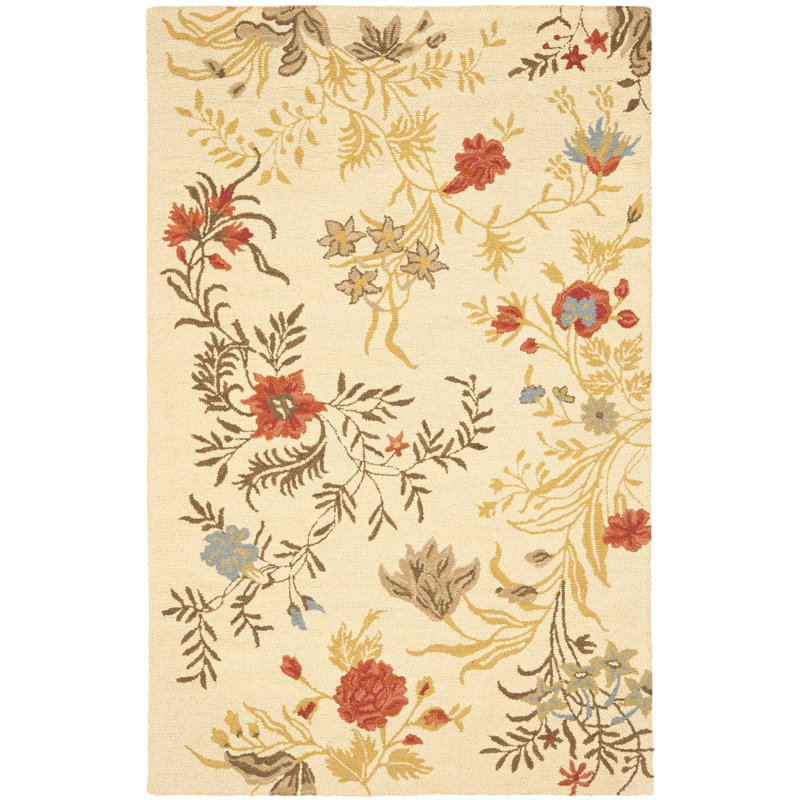 Emrick Hand Hooked Wool/Cotton/Latex Floral Rug in Beige, Rectangle 5' x 8'