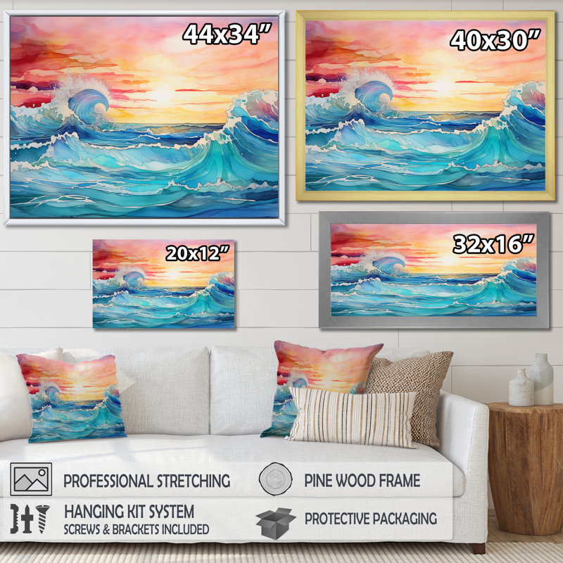 " Rainbow Ocean Sunrise I ", Gold Floater Framed, 16" H x 32" W x 1" D
