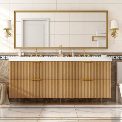 Meuble-lavabo double 59,3 po avec comptoir en bois franc, armoire en MDF peint, tiroirs à fermeture en douceur, meuble-lavabo mural moderne