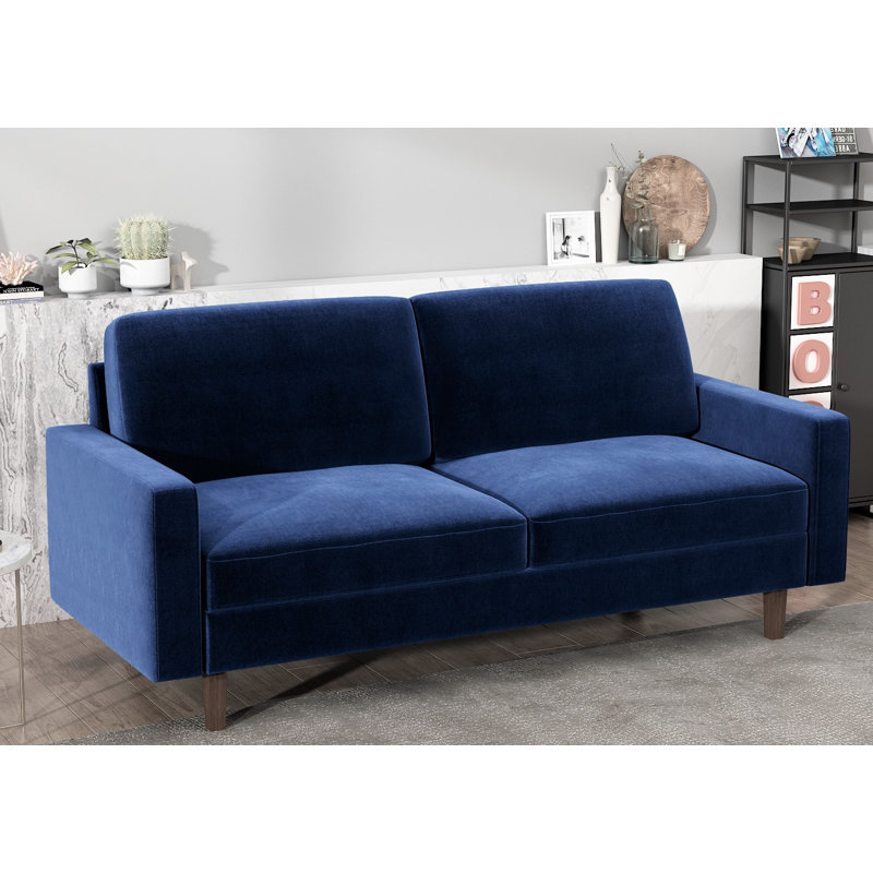Canapé en velours à accoudoirs carrés de 69,7 po Kathi, Bleu foncé