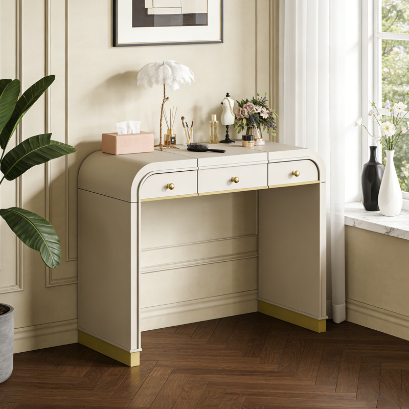 Bureau de coiffeuse 3 en 1 avec miroir rabattable, 2 tiroirs, détails en métal doré et espace de rangement, Champagne