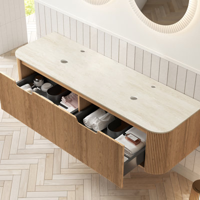 Armoire murale de 60 po avec panneau de remplissage en contreplaqué, comptoir en pierre frittée romaine, 2 tiroirs style français à texture naturelle, rayures de couleurs,