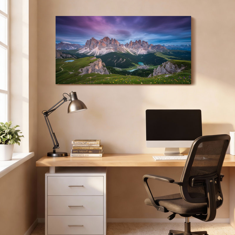 Mountain Landscape Canvas Wrapped Wall Art Oil Painting Print Set Of 1, 16" H x 32" W