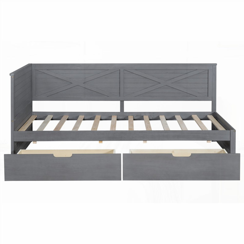 Lit de jour simple en bois avec 2 tiroirs Garde-corps rustique - aucun sommier requis, robuste et robuste Durable, Gris