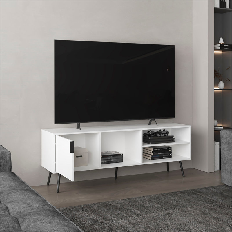 Meuble télé de 63 po de large avec une armoire, trois tablettes ouvertes, gestion des câbles, salon, salle de télévision