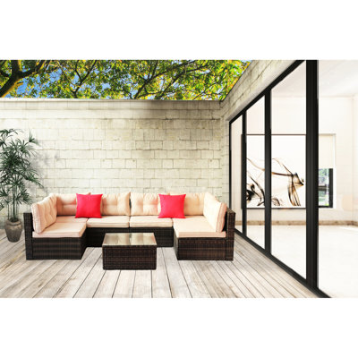 Ensemble de canapé de coin modulaire en rotin pour meubles de jardin (7 pièces, coussin peu profond)