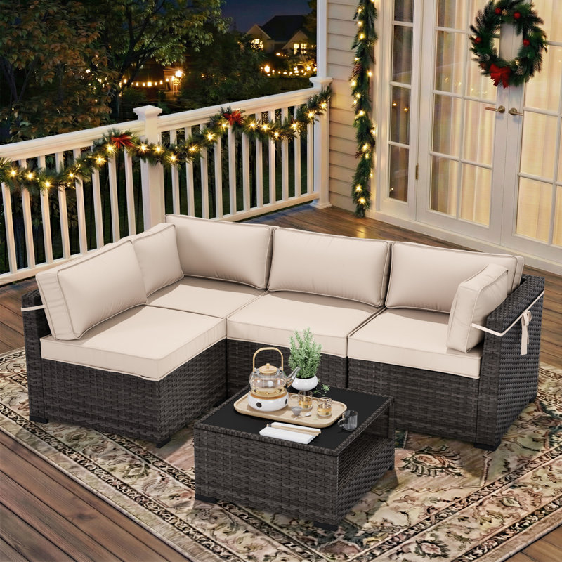 4-Person All-Weather Wicker Modular Patio Conversation Set with Thick Supportive Cushions, Beige
