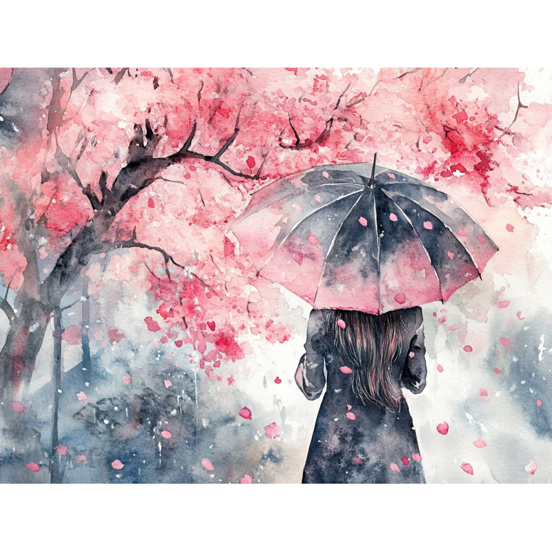 Murmures de printemps - Fille avec parapluie sous des fleurs de cerisier
