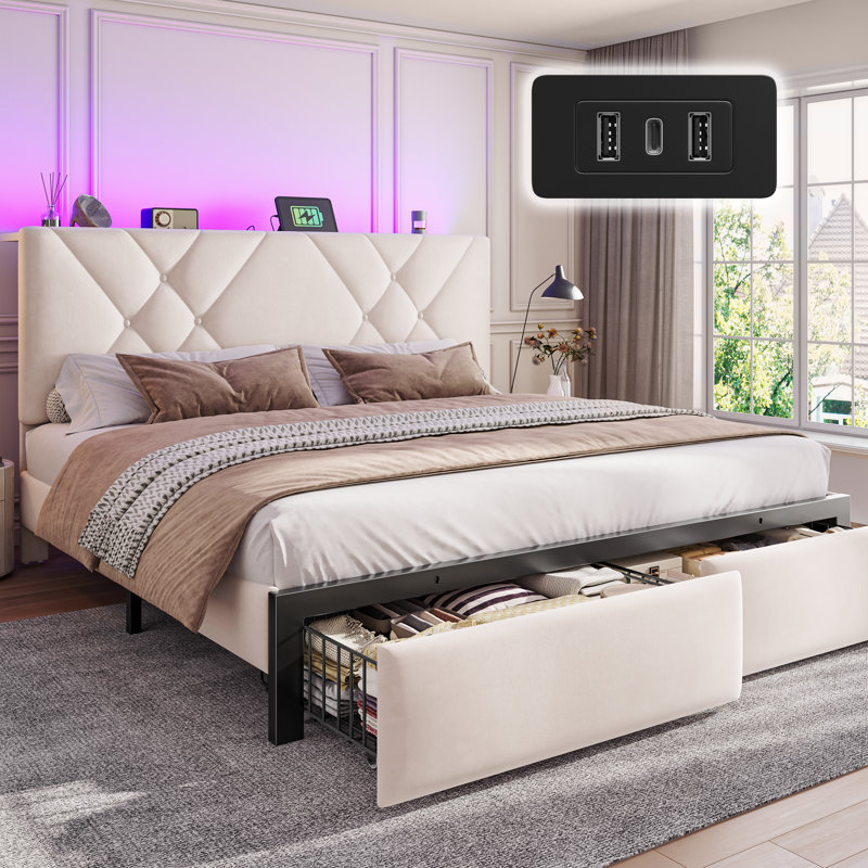 Velvet Upholstered Queen Bed Frame With Adjustable Headboard And Led Light, Platform Bed Frame With 2 Storage Drawers And Charging Station