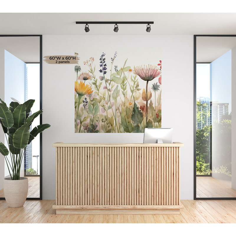 Adhésif mural pelez et collez - Aquarelle sur fond botanique, L 96 po x l 180 po