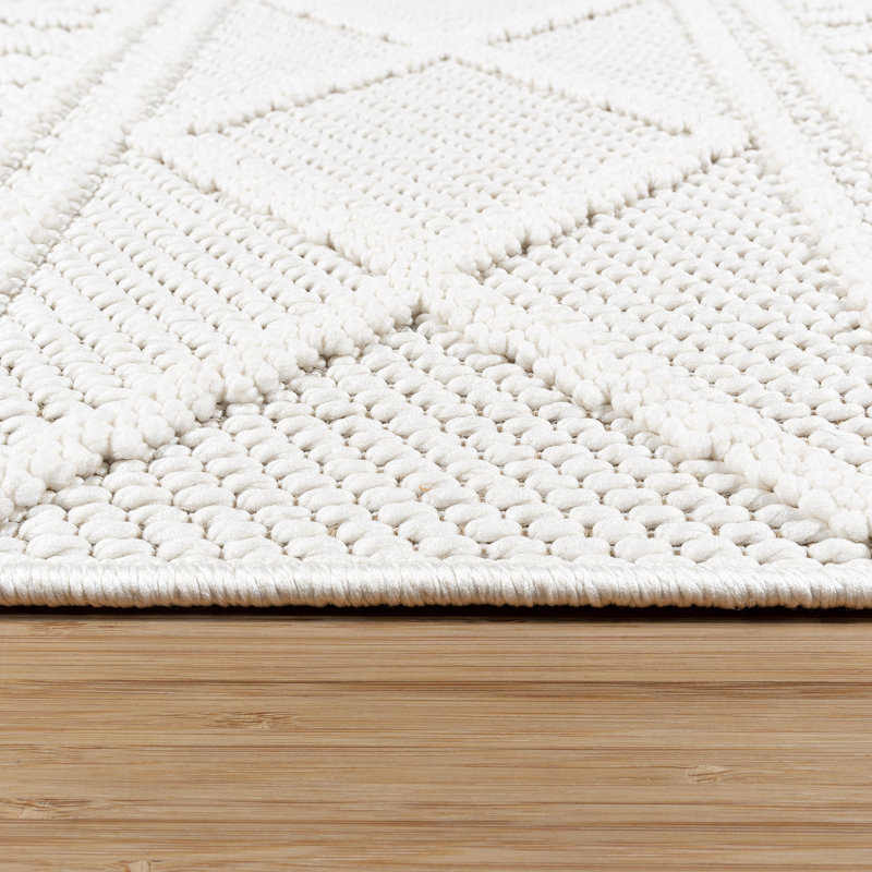 High-Low Loop Pile Indoor Area Rug, White Ivory Modern Geometric Polyester Rug for Living Room & Bedroom – Nylah Lana