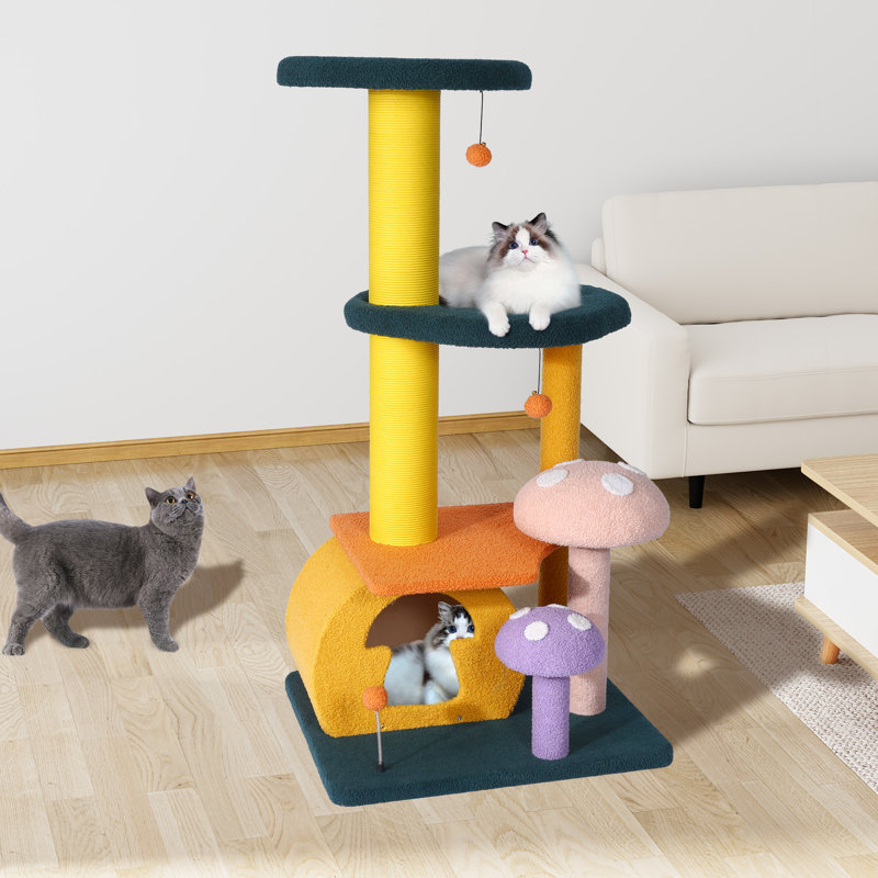 Arbre à chat champignon, tour de chat mignonne, avec poteau à griffer, lit pour chat et boules interactives