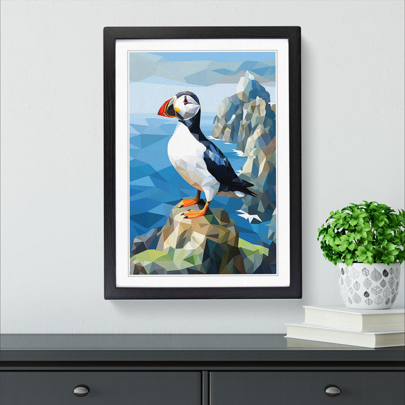 XYZ-FRM-V1223-5313 Puffin Cubism - Single Picture Frame Print on Wood, Black, 46cm H x 34cm W x 2cm D