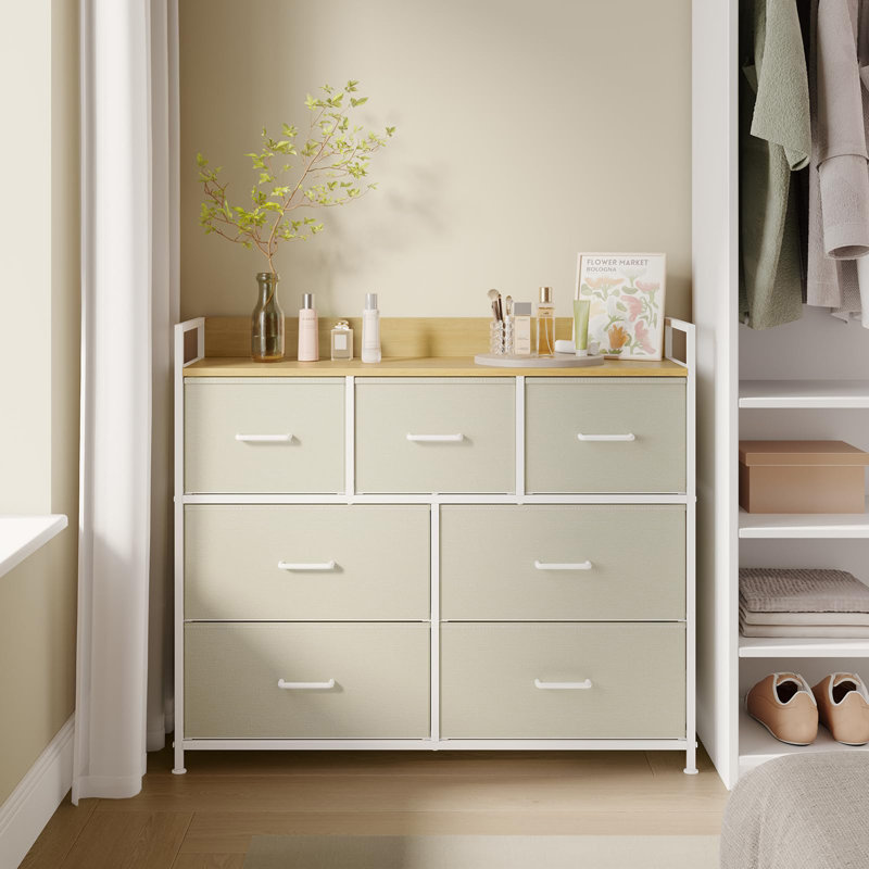 Chest Of Drawers, Bedroom Cabinet, 7 Fabric Drawers With Handles, Metal Frame, Cream White