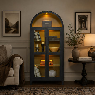 Modern Retro Arched Storage Cabinet with Light, Wooden Display Cabinet with Adjustable Glass Partitions, Multi-Functional Cabinet for Kitchen & Living Space