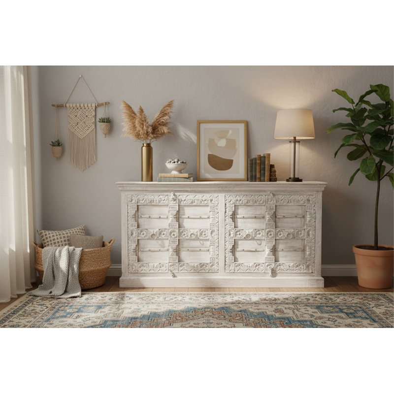 White Solid Wood Hand Carved 4 Door Antique Cabinet