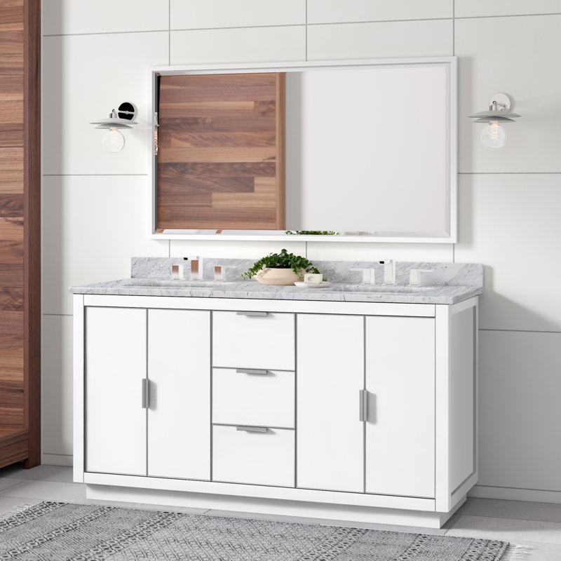 Meuble-lavabo double 61 po Salise, Marbre blanc de Carrare / argent, Blanc