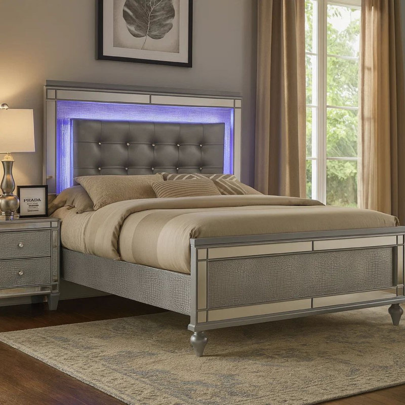 Lit plateforme tapissier Lee, Double, Argent