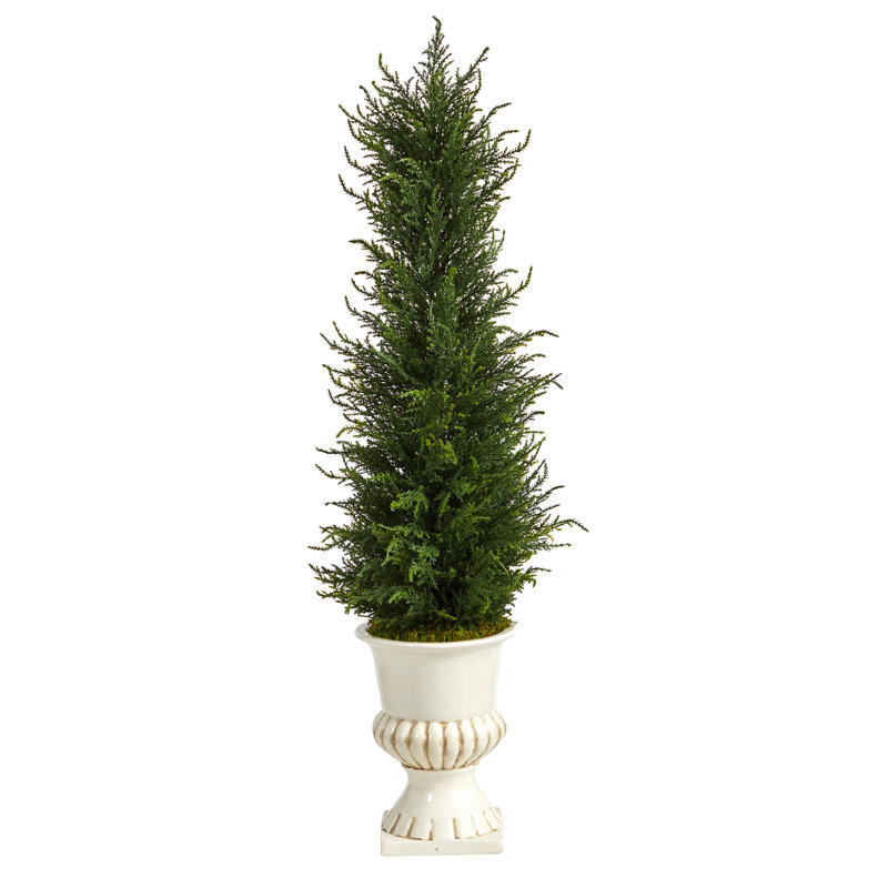 39in. Cypress Artificial Tree in White Urn UV Resistant (Indoor/Outdoor)