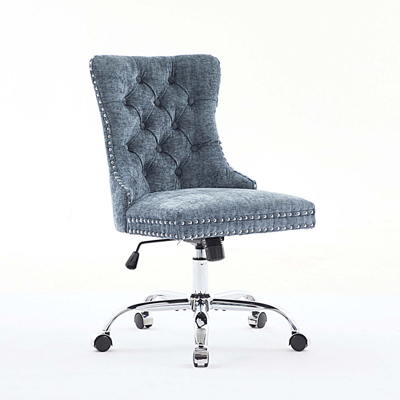 Chaise de bureau moderne rembourrée capitonnée à boutons en chenille, chaise de bureau pivotante réglable, Bleu clair