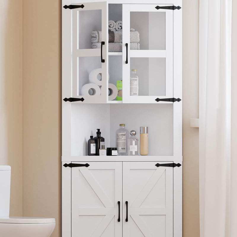 Tall Corner Cabinet, Farmhouse Corner Storage Cabinet with Glass Door & Adjustable Shelves, Space Saving Storage, White