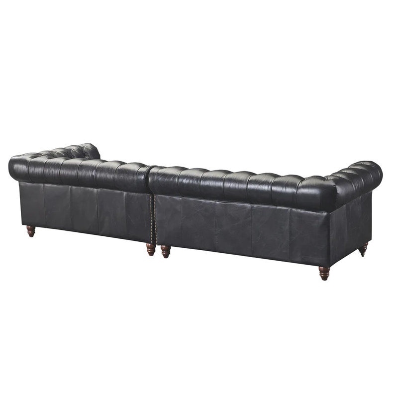 118" Genuine Leather Rolled Arm Chesterfield Sofa, Black Genuine Leather
