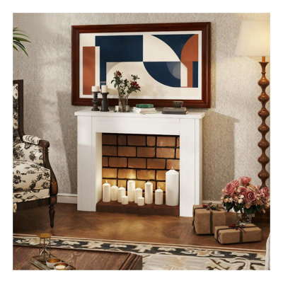 Freestanding Fireplace Mantel Surround, Modern Minimalist Frame in White, MDF and Wood Construction