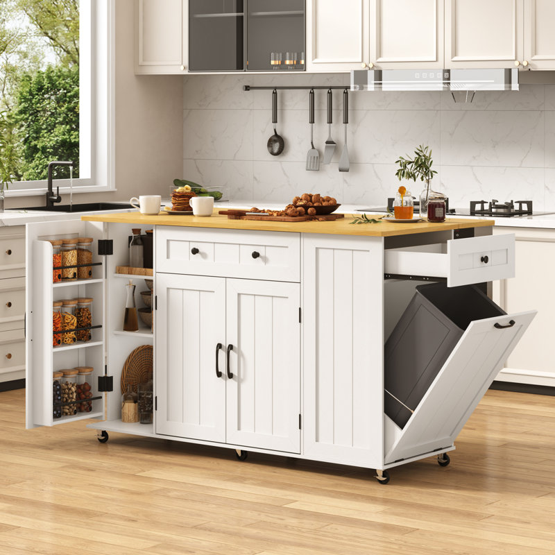 59" Rolling Mobile Kitchen Cart With Drop Leaf & Hidden Trash Storage Cabinet, Rubber Wood Top Kitchen Island Table On Wheels With Drawer And Storage Cabinet, Towel Rack, Spice Rack, Lockable Casters, Power Outlet For Kitchen