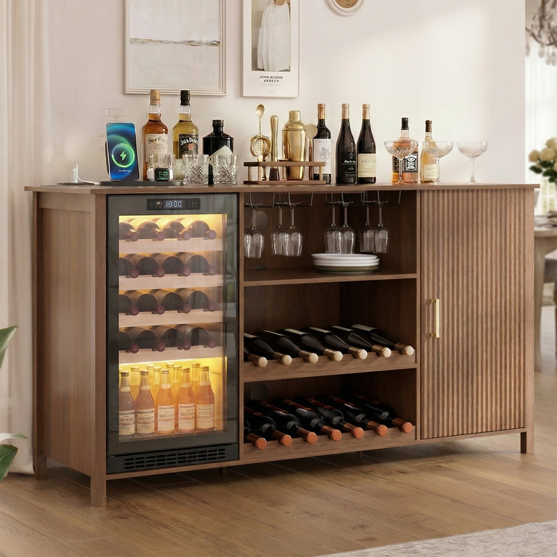70" Wine Bar Cabinet with Fluted Texture, Modern Coffee Cabinet with Wine Rack&Glass Holder, White Kitchen Buffet Sideboard, Freestanding Liquor Cabinet for Dining Room Living Room