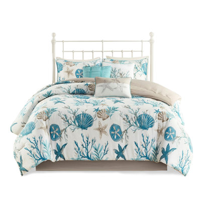 7 Piece Comforter - Queen With Printed Decorative Pillows And Solid Taupe Reverse Coastal Shells, Starfish Corals