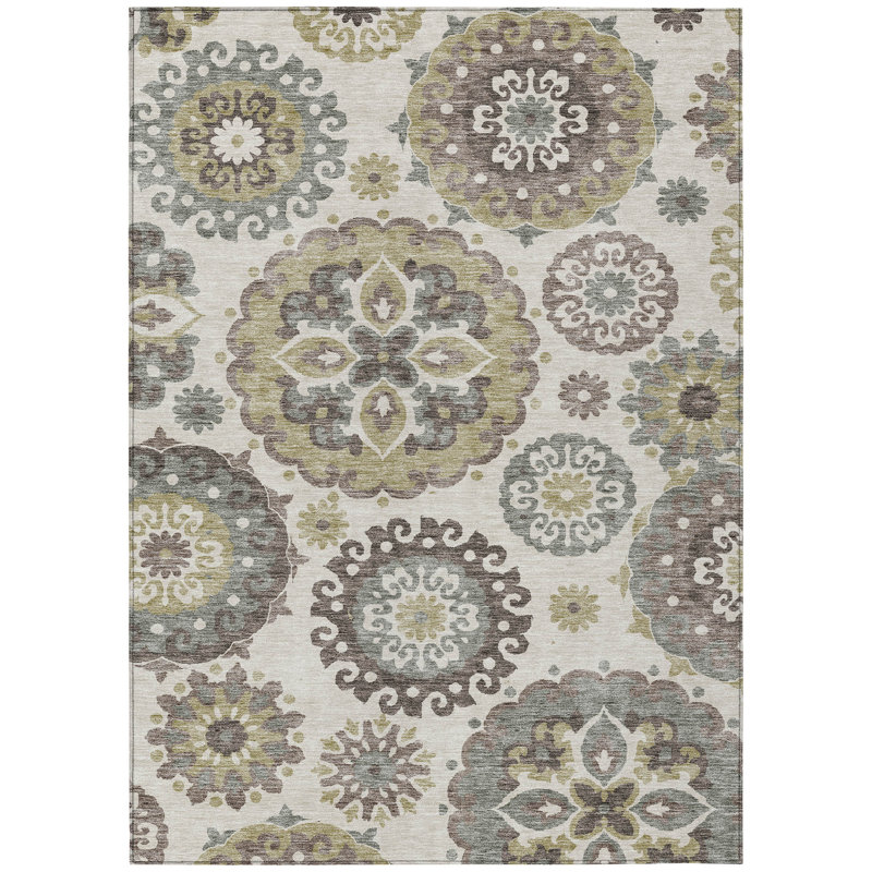 Tapis intérieur lavable 3 pi x 5 pi beige taupe et brun avec médaillon floral