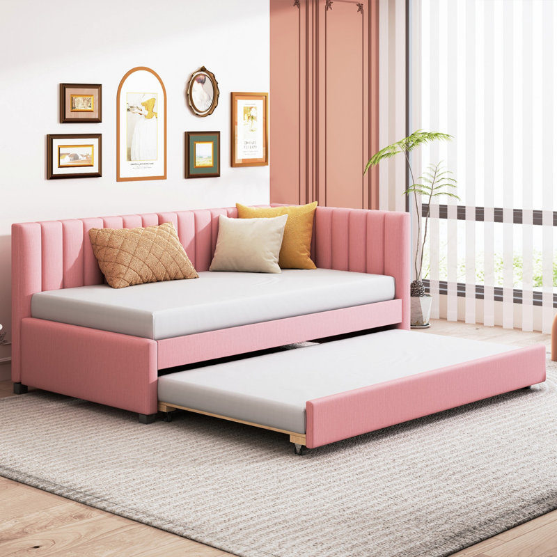Upholstered Daybed, Bed Frame With Trundle, Twin, Pink