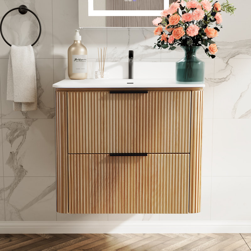 Meuble-lavabo mural 24 po au fini chêne avec armoire en bois massif et comptoir une pièce en acrylique, Chêne, Noir, 24"