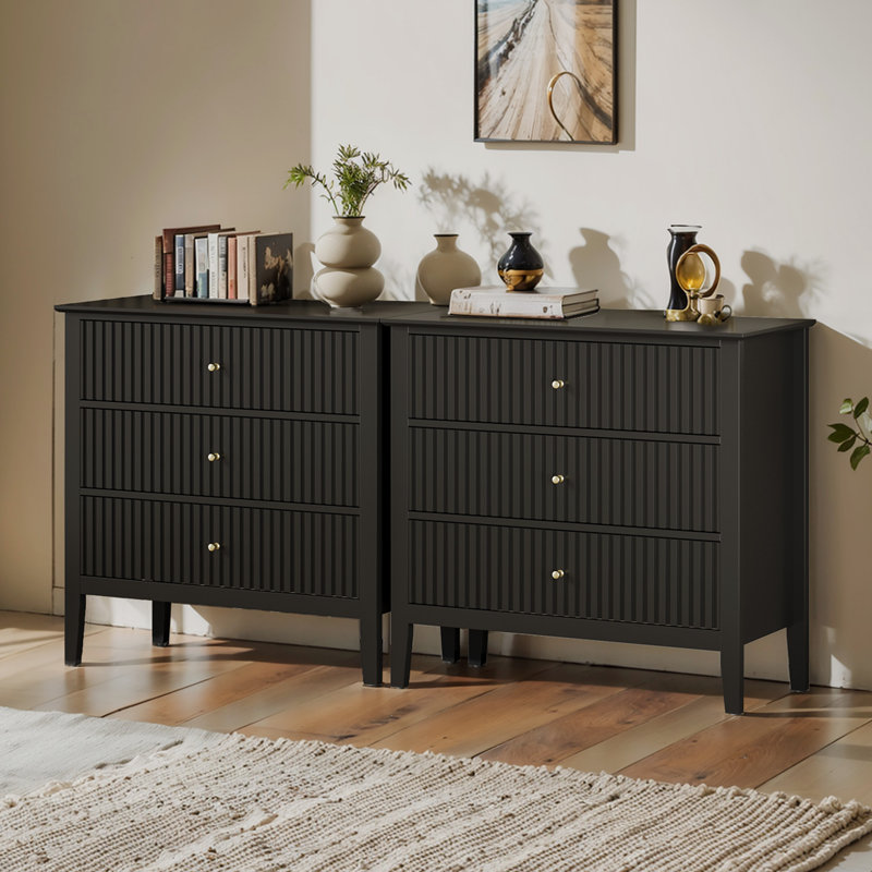 Amberrae Large 3 Drawer Dresser, Wide Chest of Drawers, Black