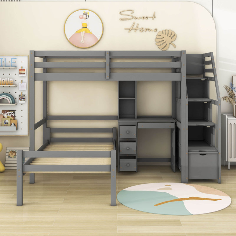 Haana Kids Twin Over Twin Bunk Bed with Drawers, Gray
