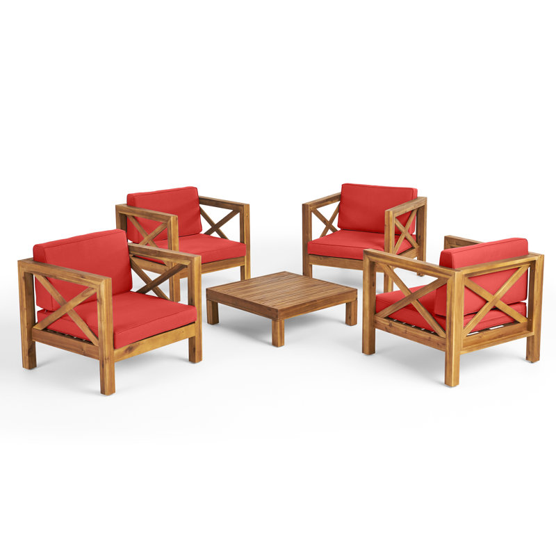 Ensemble de conversation pour patio pour 4 personnes avec coussins Raymo Acacia, Rouge
