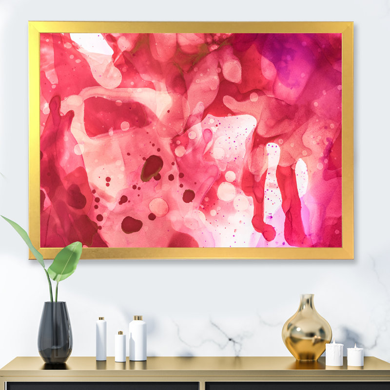 Violet rouge éclaboussures d'encre - art mural moderne sur toile, H 12 po x l 20 po x P 1 po, Encadrement doré