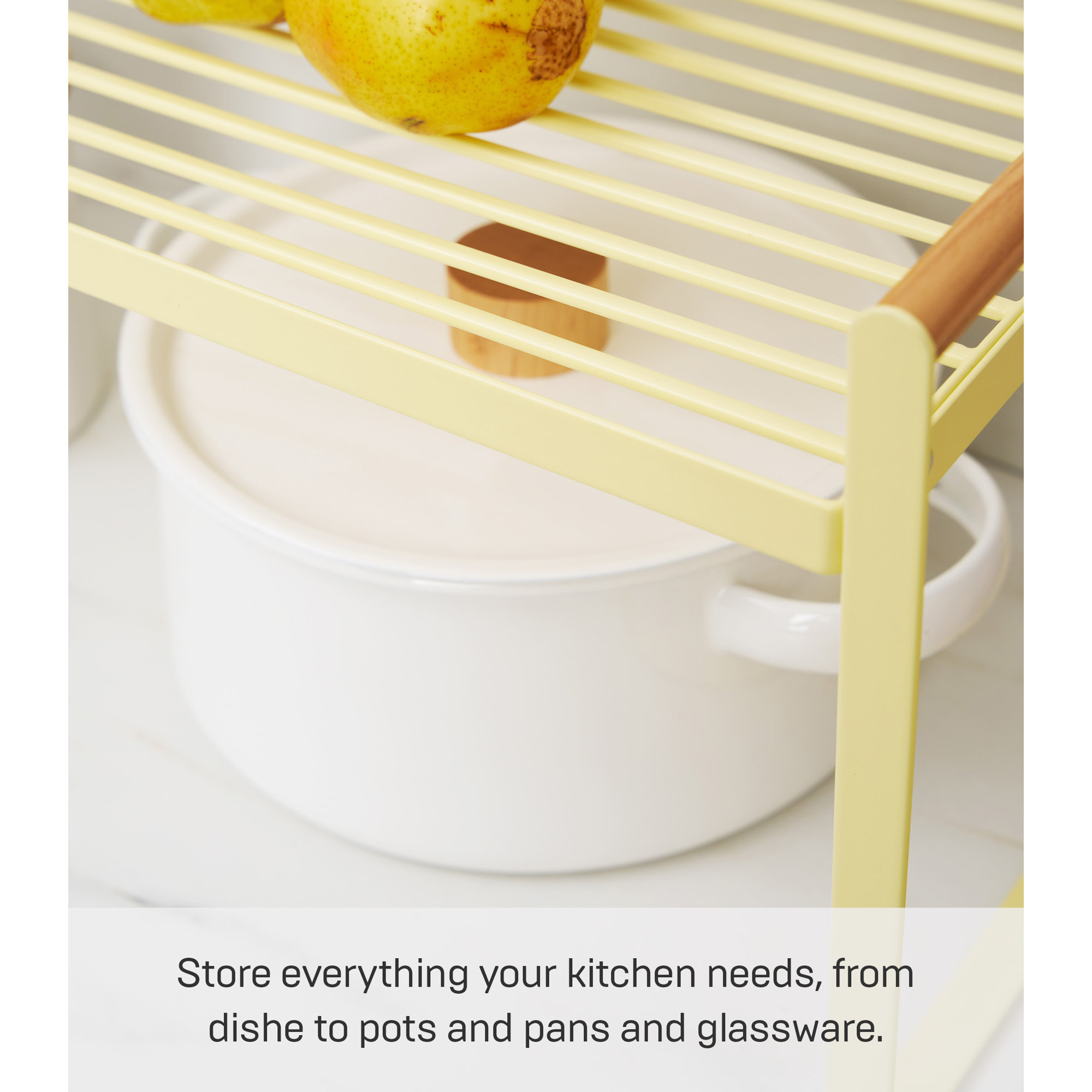 Yamazaki Home Wired Organizer Rack - Kitchen Storage Shelves, Steel + Wood, Yellow Pear