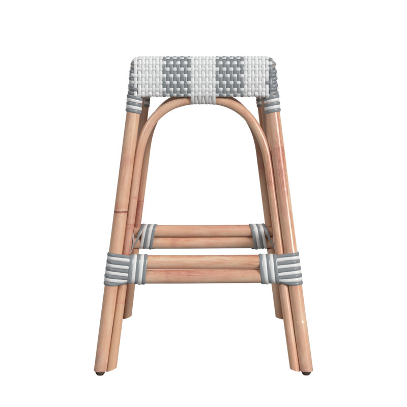Robias Rattan Bar & Counter Stool, Counter Stool (24.5" Seat Height), White/Sky Blue Dot / Natural Rattan Frame