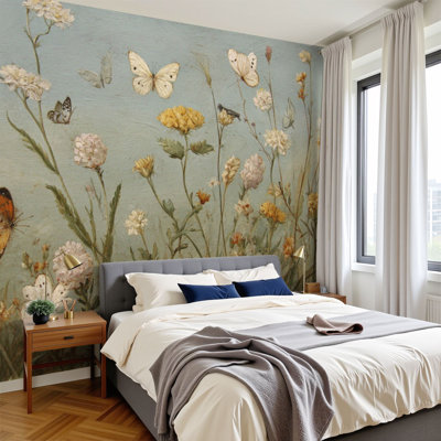 Peel and Stick Wallpaper Vintage Gold Framed Plant Bird Prints Sketch Spring Floral Wildflower Wall Murals 100"H x 144"W Removable PVC Wall Paper Self-Adhesive Wall Decor for Bedroom Living Room Home Office