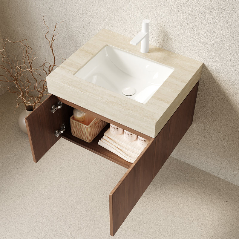 Dessus de meuble-lavabo 24 po en chêne brun flottant 1 trou Roma Travertine, Chêne brun, Travertin Roma, Trou simple