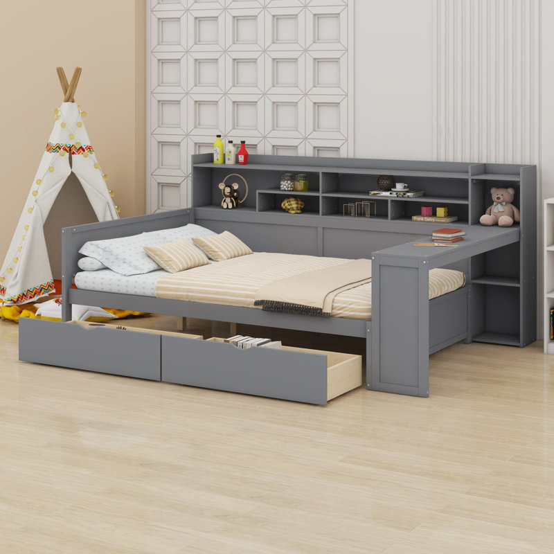 Avec tablettes de rangement, lit multifonctionnel avec tiroirs de rangement et bureau d'étude