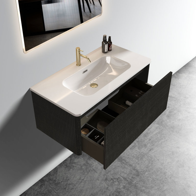 Meuble-lavabo de 91 cm (36 po) en chêne noir rayé, lavabo en céramique blanche, design en U, aspect chêne préassemblé, rangement accru.