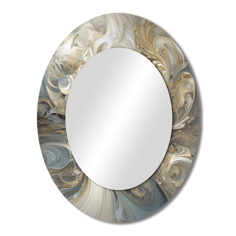 Fractal Whirl In Retro Gold And White - Gold Oval Wall Mirror Decor, 43" x 33"