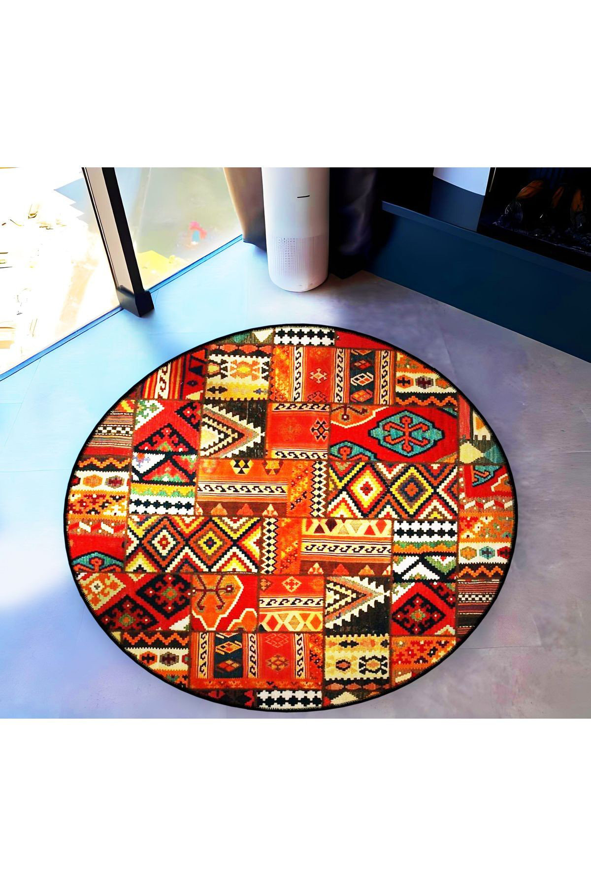 Matchbox Pattern Rug Dakota Fields Round Multicolor Patchwork Ethnic Pattern Woven Base ...