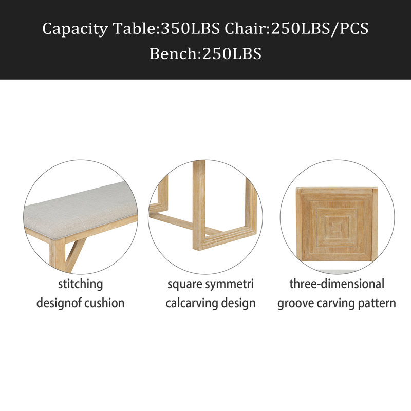 Ensemble de salle à manger 6 pièces, 1 table rectangulaire avec base à tréteaux conçue, 4 chaises rembourrées et 1 banc pour la salle à manger et la cuisine
