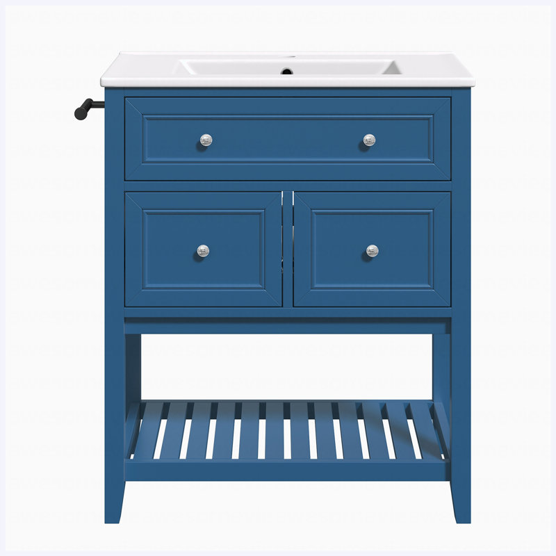 Meuble-lavabo sur pied de 76 cm avec lavabo en céramique, tiroir basculant, 2 tiroirs et tablette ouverte à lattes, porte-serviettes réversible, poignées argentées, bleu marine, MDF